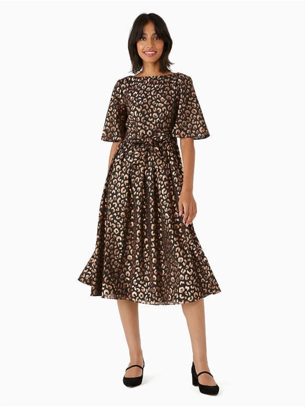 Black and Gold Leopard Print Midi Dress with Tie Waist Kate Spade 12